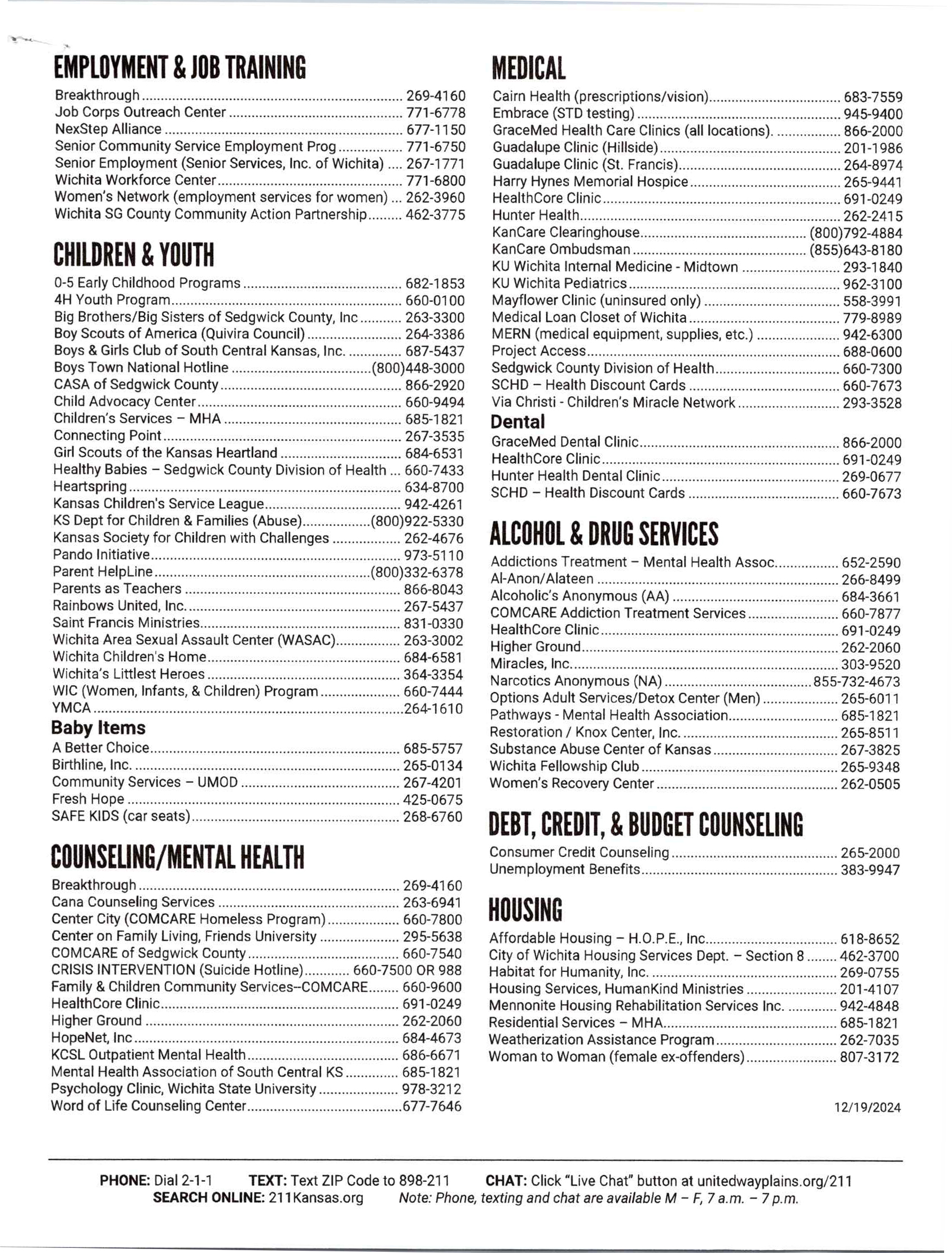 List of contact information.